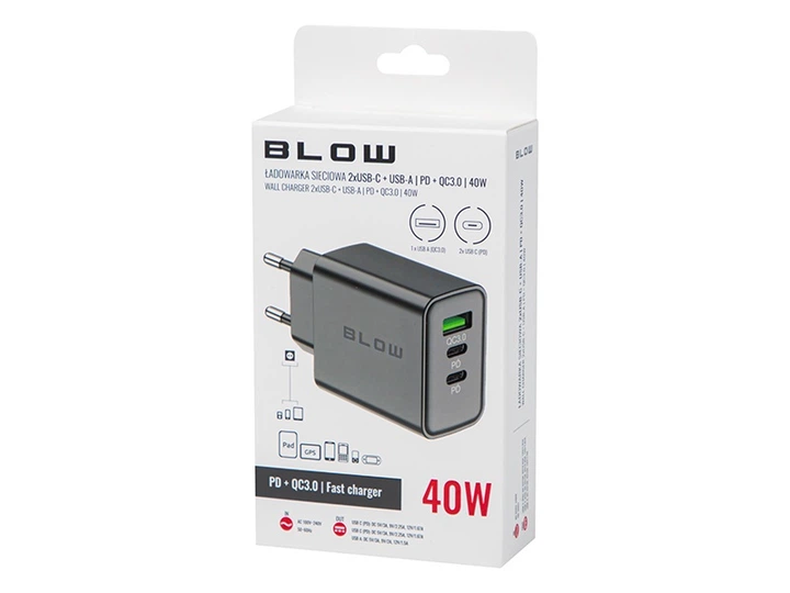 Ładowarka sieciowa Blow 76-025 gniazdo USB - Cx2 QC + PD 40W Czarna (5900804140931) - obraz 4