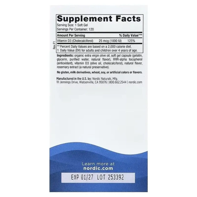 Витамин D3 Nordic Naturals Vitamin D3 (апельсин), 1000 МЕ, 120 мини-капсул - изображение 2