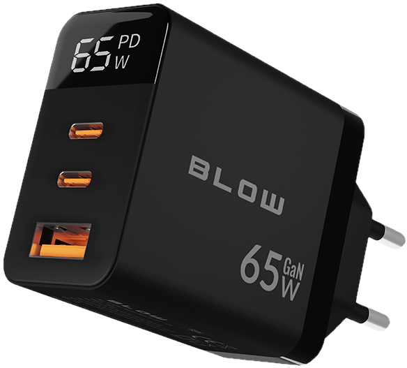 Мережевий зарядний пристрій Blow 76-030 LCD роз'єм USB + USB - Cx2 PD GAN 65 Вт Чорний (5900804146537) - зображення 1
