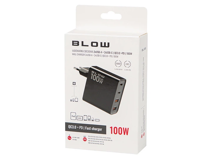 Ładowarka sieciowa Blow 76-028 gniazdo USBx2 + USB - Cx2 QC + PD 100W Czarna (5900804140979) - obraz 6