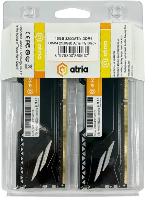 Оперативна пам'ять ATRIA 16GB (2x8GB) DDR4 3200MHz Fly Black (UAT43200CL18BK2/16) - изображение 3