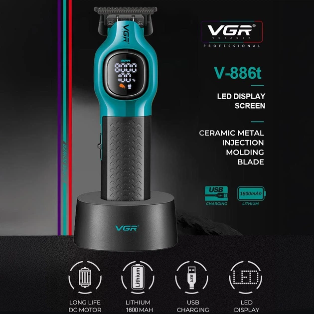 Профессиональный триммер для волос бороды и усов VGR V-886T с DLC-лезвиями, Turbo-режим, 180 минут работы Green - изображение 10
