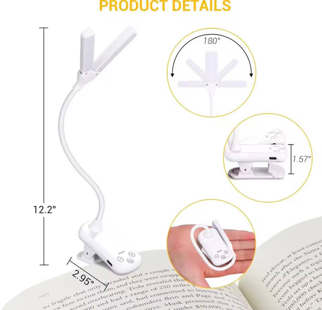 Лампа для читання книг. 14Led на акумуляторі. Двоголова настільна лампа та підсвічування (біле) - зображення 5