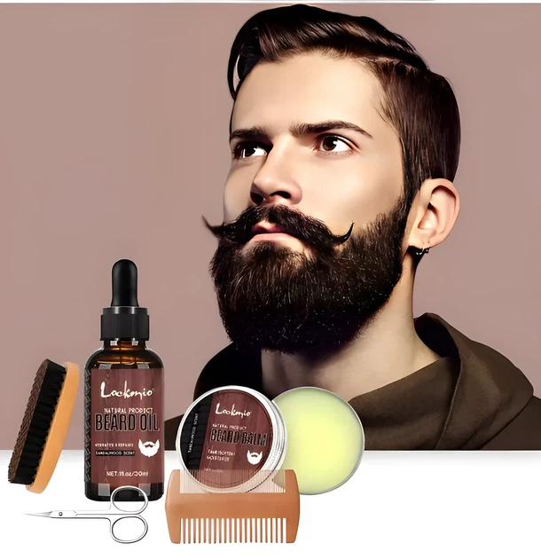 Набір для догляду за бородою Lockmio Sandalwood Комплексний 5 предметів (Олія 30 мл + Бальзам 30 г + Щітка + Гребінець + Ножиці) - зображення 2