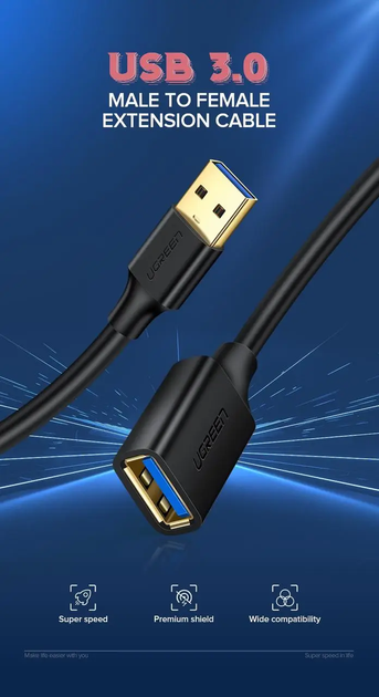 Подовжувач UGREEN US129 USB 3.0 Extension Male Cable 1.5m (Black)(UGR-30126) (UGR-30126) - изображение 2