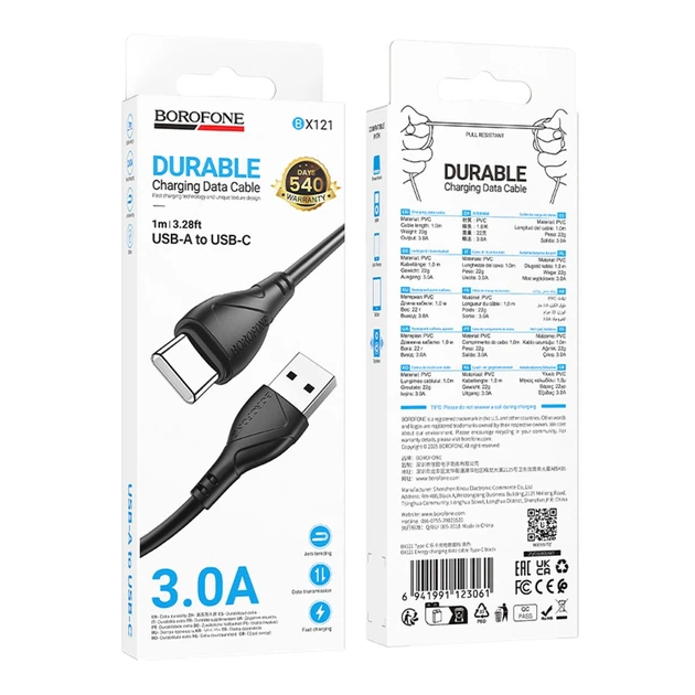 Шнур для зарядки Borofone BX121 USB - Type-C, 3A 1м. Чёрный (1011122-Black) - изображение 5