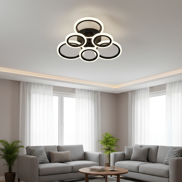 LED люстра потолочная с пультом 90W акриловая с шестью световыми кольцами 3000-6500K черного цвета Svet SY-26255/3+3 MB - Фото 4 LED люстра потолочная с пультом 90W акриловая с шестью световыми кольцами 3000-6500K черного цвета Svet SY-26255/3+3 MB - изображение 4