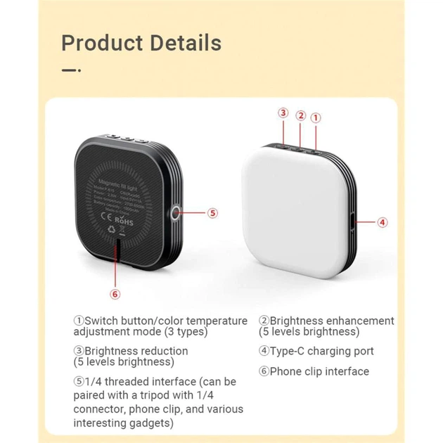 Селфи вспышка аккумуляторная F-622 с MagSafe и прищепкой для смартфонов и ноутбуков с регулировкой яркости и цветовой температуры - изображение 6