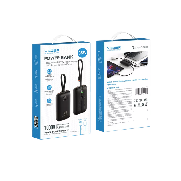 Зовнішній аккумулятор VEGER 10000 mAh with built-in cables - зображення 5