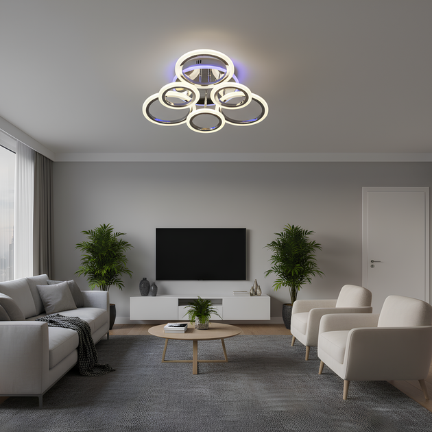 Потолочная хромовая LED люстра на пульте 90W+18W с акриловыми кольцами и LED-подсветкой 3000–6500K Svet SY-26255/3+3C CR - Фото 3 Потолочная хромовая LED люстра на пульте 90W+18W с акриловыми кольцами и LED-подсветкой 3000–6500K Svet SY-26255/3+3C CR - изображение 3
