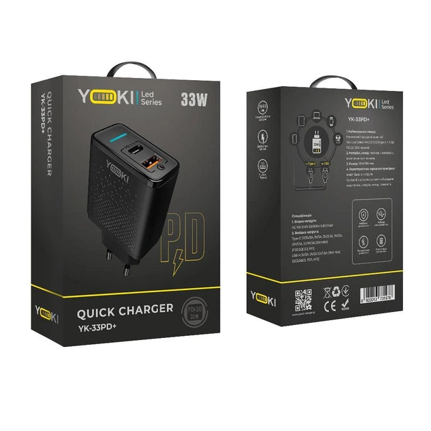 Мережевий зарядний пристрій Yoki Led Series YK-33PD+QC 33W Колір Чорний - изображение 5