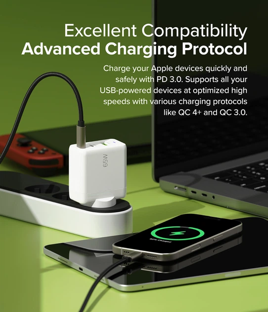 Сетевое зарядное устройство Ringke 65W GaN 3-Port Ground Fast Charging White (AP1062RS) - изображение 13