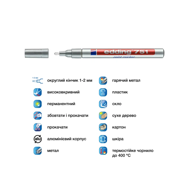 Маркер Edding Paint 1-2 мм круглый серебряный (e-751/54) - изображение 4