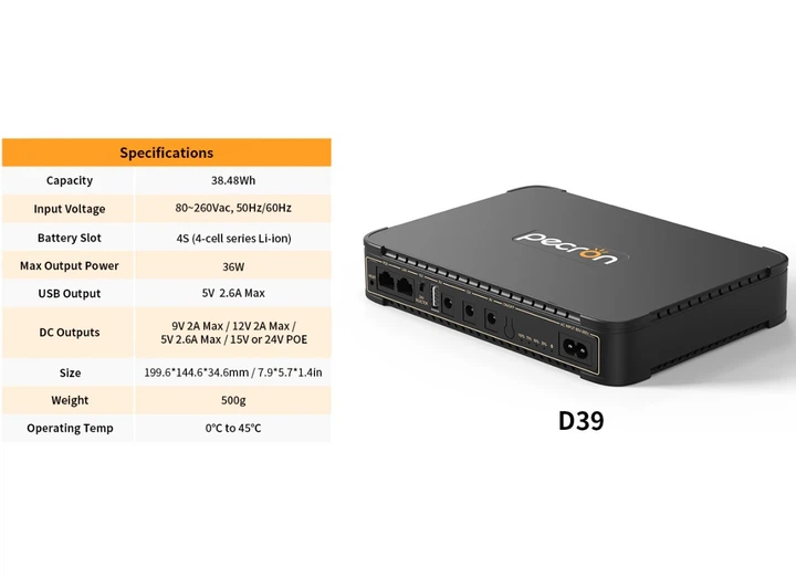 UPS ДБЖ безперебійне живлення для роутера, термінала GPON/EPON 5/9/12V, 2A Pecron PD-39 36W 10400mAh - зображення 5