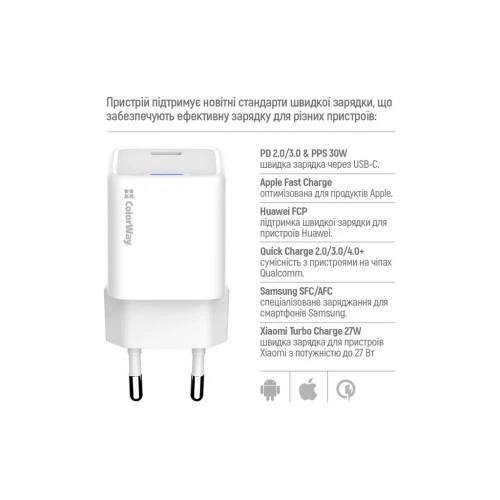 Зарядний пристрій ColorWay GaN Mini 30W PD Port PPS USB-C white + cable Type-C (CW-CHS054PDC-WT) ColorWay CW-CHS054PDC-WT 925589 - Фото 9 Зарядний пристрій ColorWay GaN Mini 30W PD Port PPS USB-C white + cable Type-C (CW-CHS054PDC-WT) ColorWay CW-CHS054PDC-WT 925589 - зображення 9
