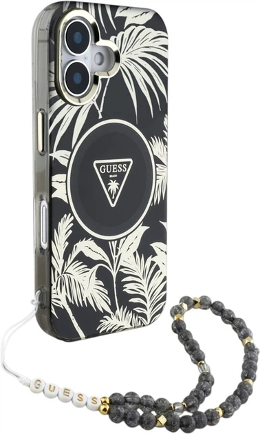 Etui Guess Palm Trees Triangle With Pearl Strap MagSafe do Apple iPhone 16 Black (GUHMP16SHPCTPLSK) - obraz 3
