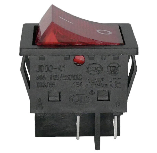 Сетевой выключатель JD03-A1 30A 250V 4pin T85/55 1E4 32х25 Красный со светодиод - Фото 1 Сетевой выключатель JD03-A1 30A 250V 4pin T85/55 1E4 32х25 Красный со светодиод - изображение 1