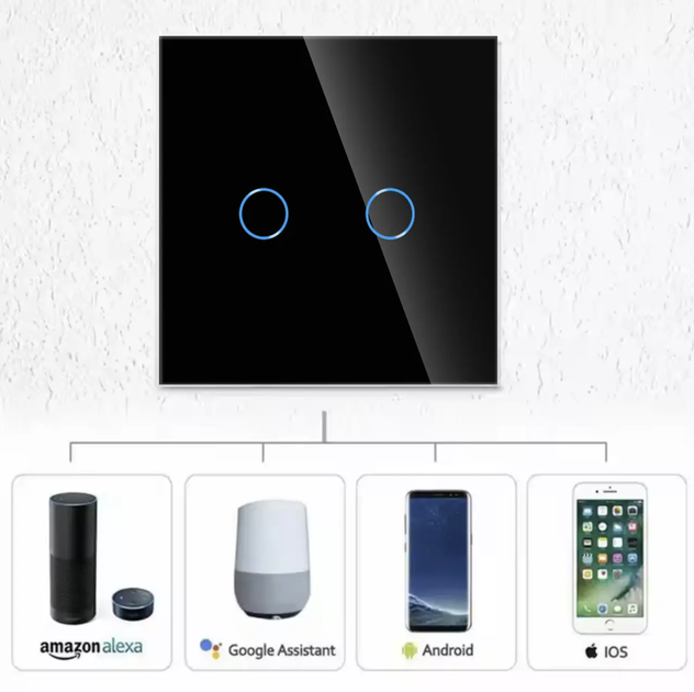 WiFi сенсорный выключатель на 2 кнопки черный 1000W Tuya SmartLife GoogleHome - Фото 4 WiFi сенсорный выключатель на 2 кнопки черный 1000W Tuya SmartLife GoogleHome - изображение 4