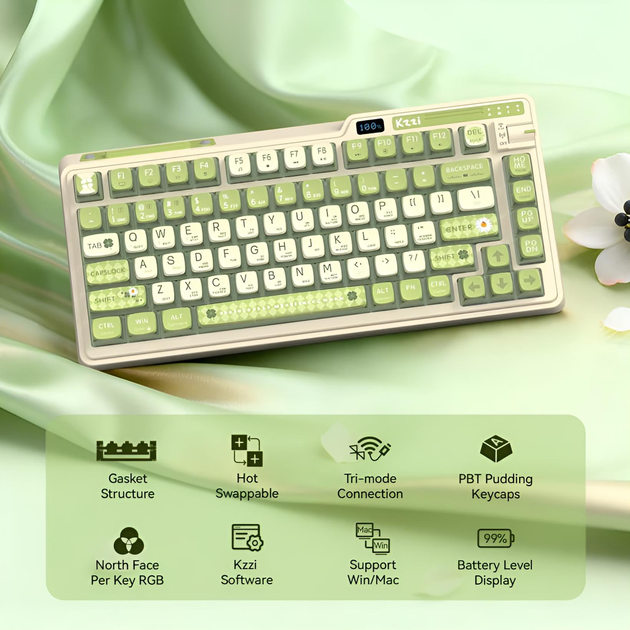 Механическая клавиатура Kzzi k75 Dazzling Pudding, игровая с комбинированным подключением, подсветкой, LEMON GREEN - изображение 3