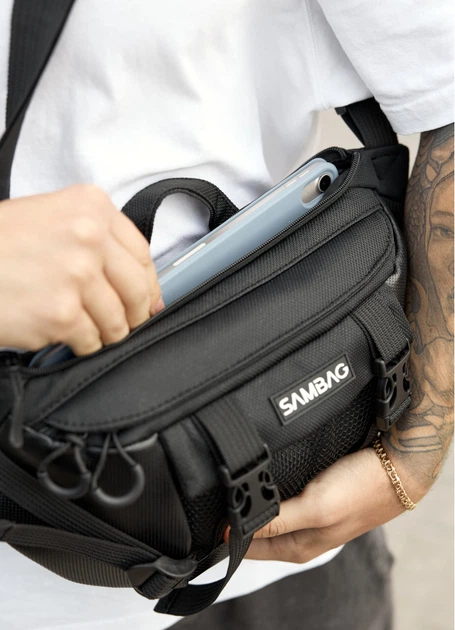 Велика чоловіча сумка бананка Sambag DynamicDart чорна тканева 38 × 21 × 7 см (80411701m) - зображення 7