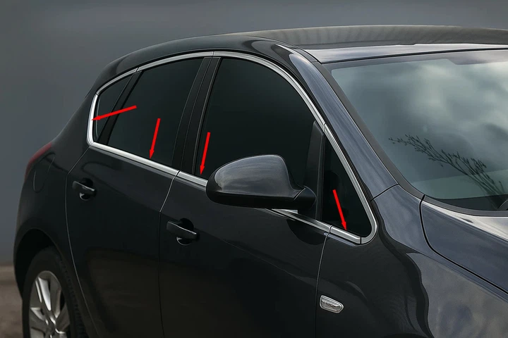 Молдинги вікон для Opel Astra J 2009-2015 Хетчбек, 8 шт, нержавіюча сталь, хромовані, нижні V1 - зображення 3