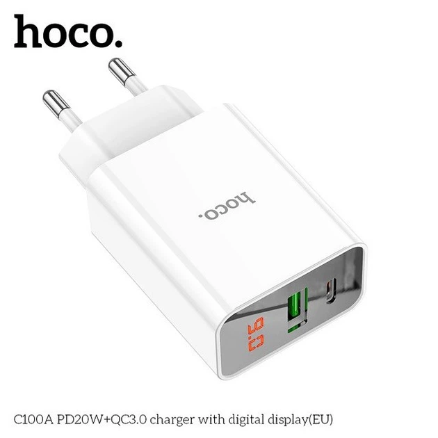Зарядний пристрій Hoco C100A PD20W QC3.0 з цифровим дисплеєм USB Type-A USB Type-C білий - зображення 7