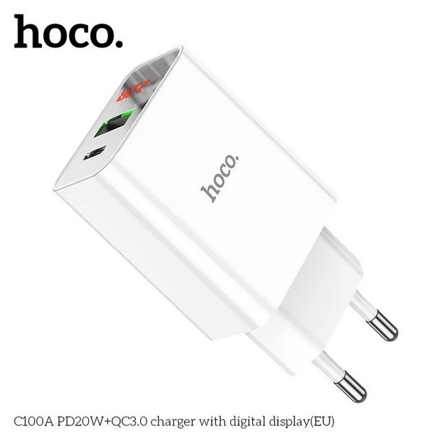 Зарядний пристрій Hoco C100A PD20W QC3.0 з цифровим дисплеєм USB Type-A USB Type-C білий - зображення 8