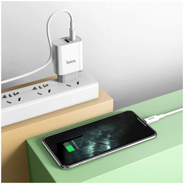 Зарядний пристрій Hoco C80A PD20W QC3.0 2 порти USB Type-A Type-C біле - Фото 10 Зарядний пристрій Hoco C80A PD20W QC3.0 2 порти USB Type-A Type-C біле - зображення 10
