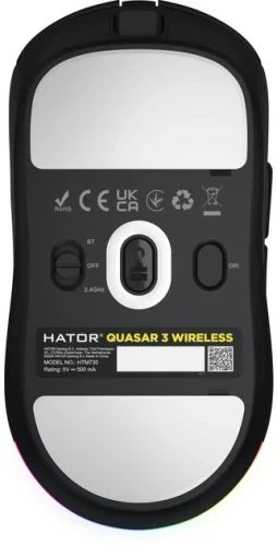 Миша бездротова Hator Quasar 3, Black, Bluetooth / 2.4GHz / USB, оптична (сенсор PixArt PMW 3311), до 12000 dpi, 35G, перемикачі Hator Optical 100M / Huano 3M, акумулятор 600 mAh (HTM730) - изображение 5