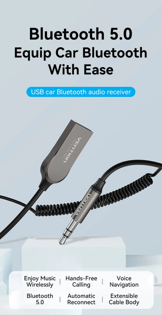 Bluetooth-ресивер Vention Bluetooth 5.0 AUX 3.5 мм 2 в 1 автомобильный аудиоадаптер (NAGHG) - изображение 3