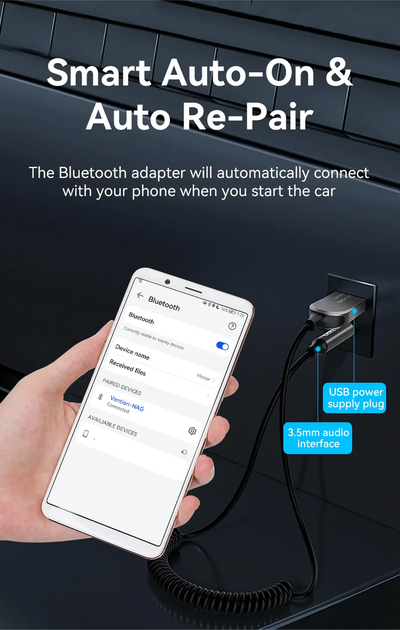 Bluetooth-ресивер Vention Bluetooth 5.0 AUX 3.5 мм 2 в 1 автомобильный аудиоадаптер (NAGHG) - изображение 8