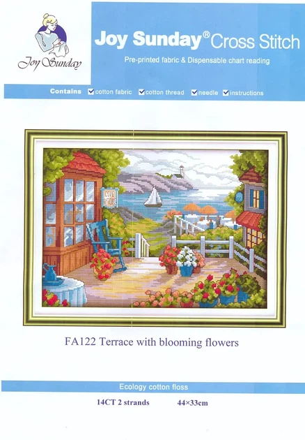 Набор для вышивания по нанесённой на канву схеме "Terrace with blooming flowers".AIDA 14CT printed , 44*33 см - изображение 2
