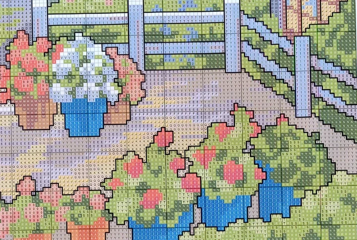 Набор для вышивания по нанесённой на канву схеме "Terrace with blooming flowers".AIDA 14CT printed , 44*33 см - изображение 5