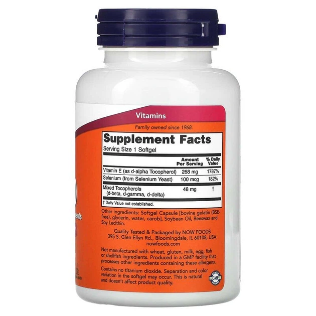 Витамины и минералы NOW Vitamin E-400 Plus Selenium, 100 капсул - изображение 2