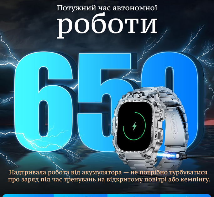 Тактические умные часы Smart Watch для военных, фитнес браслет для спорта, оповещения уведомлений, мощная батарея 650 mah - изображение 7