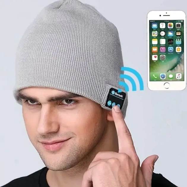 Шапка с Bluetooth наушниками и микрофоном трикотажная гарнитура для зимы цвет серый размер one size - изображение 2