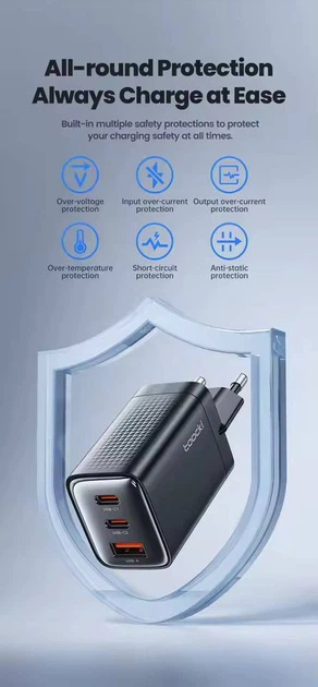 Швидкий Мережевий зарядний пристрій Toocki 65W GaN 1 USB + 2 Type-C PD3.0 QC Швидка Зарядка Power Delivery 3.0 Quick Charge - зображення 6