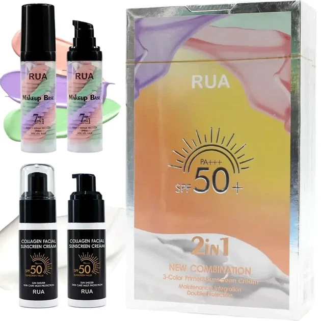 Набір 2в1 база під макіяж праймер для обличчя RUA SPF 50 кольорова палітра триколірна - Фото 1 Набір 2в1 база під макіяж праймер для обличчя RUA SPF 50 кольорова палітра триколірна - зображення 1
