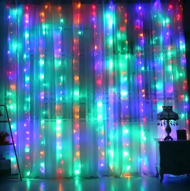 Гірлянда штора водоспад 320LED RGB 2х1.5м із живленням від USB для новорічного прикраси інтер'єру - зображення 7