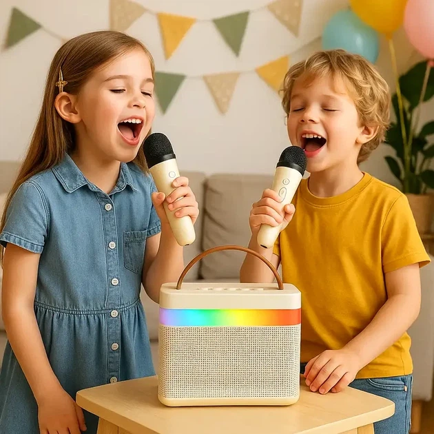 Бездротова Bluetooth колонка караоке з підсвічуванням та двома мікрофонами стерео акустика K18 бежева - зображення 2