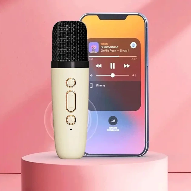 Бездротова Bluetooth колонка караоке з підсвічуванням та двома мікрофонами стерео акустика K18 бежева - зображення 5