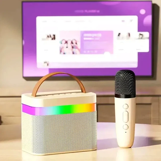 Бездротова Bluetooth колонка караоке з підсвічуванням та двома мікрофонами стерео акустика K18 бежева - зображення 6