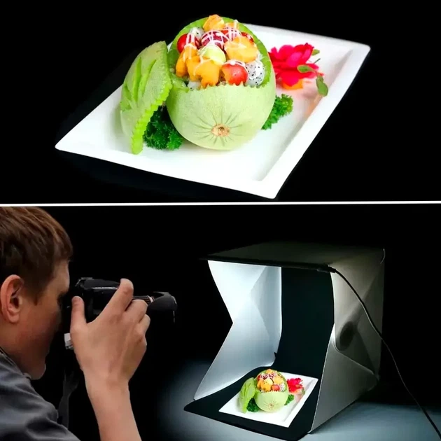 Фотобокс белый с подсветкой 22х21х21см 14 цветных режимов 3 смешанных режима USB питание от сети 220 В ABS-пластик - изображение 4