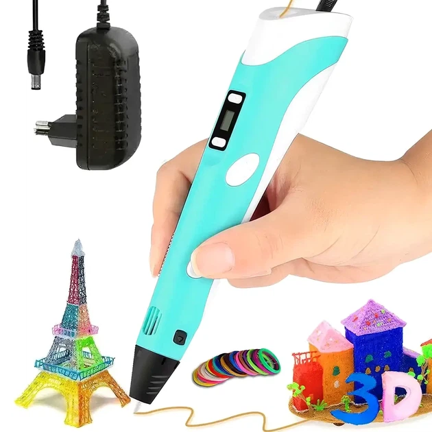 3D ручка принтер с дисплеем и трафаретами для рисования 3DPEN-3 голубого цвета - Фото 1 3D ручка принтер с дисплеем и трафаретами для рисования 3DPEN-3 голубого цвета - изображение 1