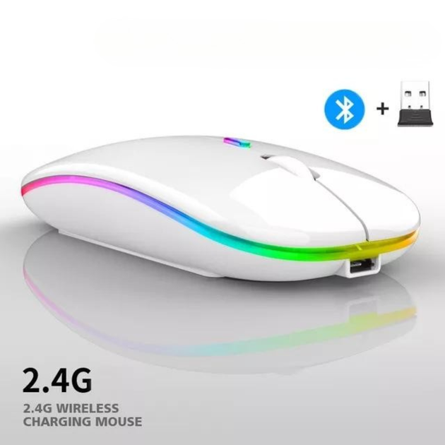 Безпроводная компьюторная мышь, безшумная, оптическая 2.4G+Bluetooth подключением c RGB-подсветкой DPI 800/1000/1200 белая X1_white - изображение 8