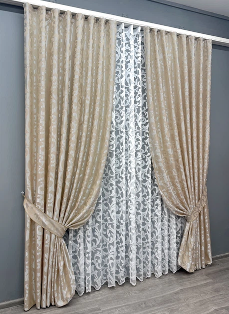 Комплект штор VR-Textil Жакард Вензель 100х270 2шт і Тюль 300х270 416ш-1147т Бежевий з білим 71-100/1 - Фото 2 Комплект штор VR-Textil Жакард Вензель 100х270 2шт і Тюль 300х270 416ш-1147т Бежевий з білим 71-100/1 - зображення 2
