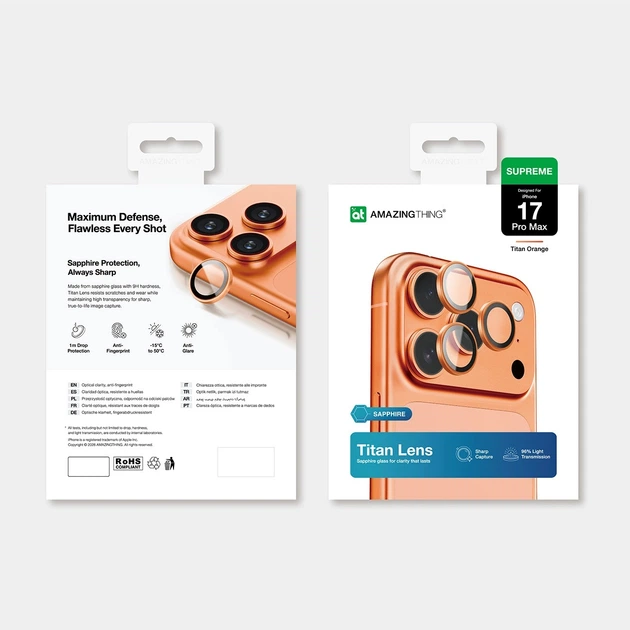 Захисне скло AMAZINGthing AR Sapphire Camera Lens Glass with Orange Frame для Apple iPhone 17 Pro / Pro Max (IP17SCAM3OGLA) - зображення 5