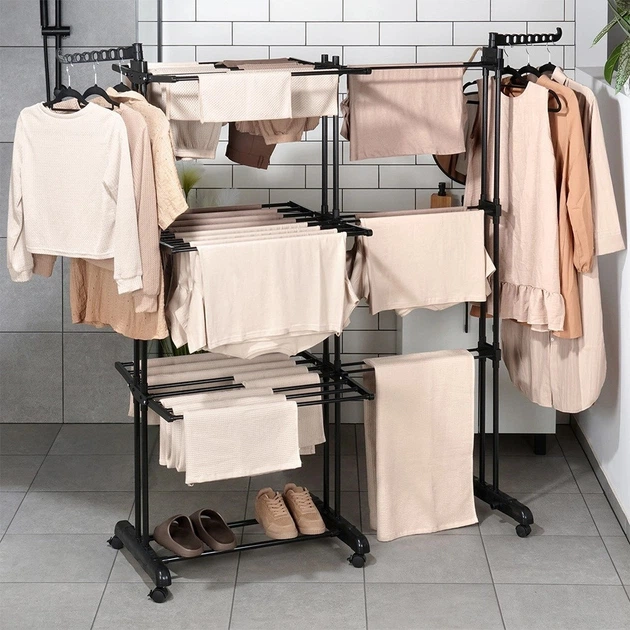 Suszarka na pranie Vilde metalowa czarna pionowa rozsuwana XXL 78 - 130 x 64 x 172 cm (5904316496760) - obraz 3