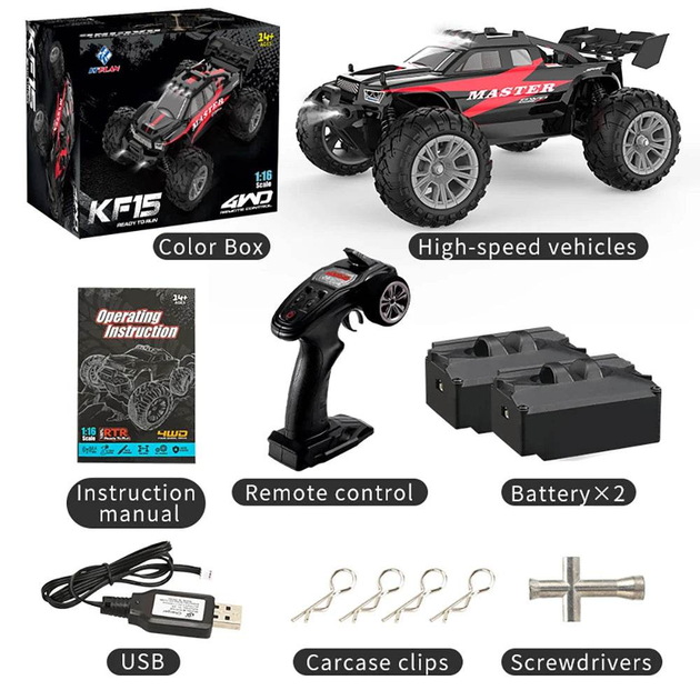 Радиоуправляемая машинка KFPLAN KF15 1:16 4WD на пульте управления, RC внедорожник до 45 км/ч, вездеход, аккумулятор 7.4V 2 АКБ - изображение 3