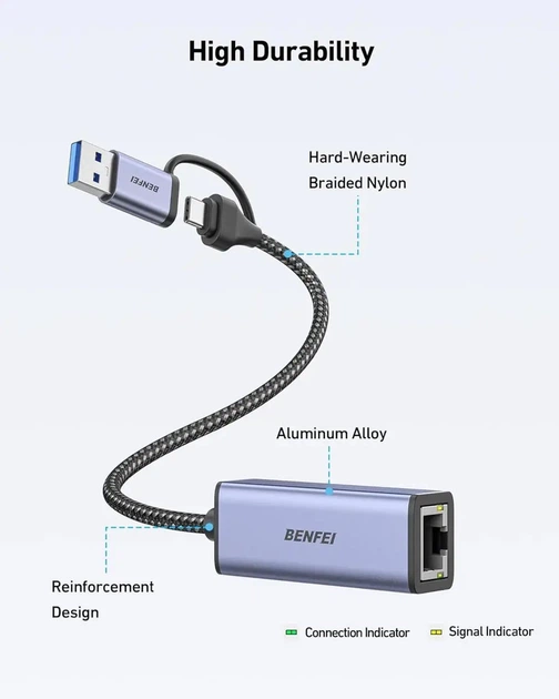 Адаптер сетевой BENFEI 000317 USB-C/USB-A на RJ45 Gigabit Ethernet, без драйверов - изображение 2